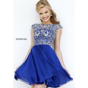 Sherri Hill 32320 Navy Cobalt Blue Beaded Cocktail Dress Size 00 Homecoming